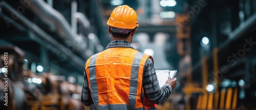 The worker in an orange safety vest using a tablet in a factory setting