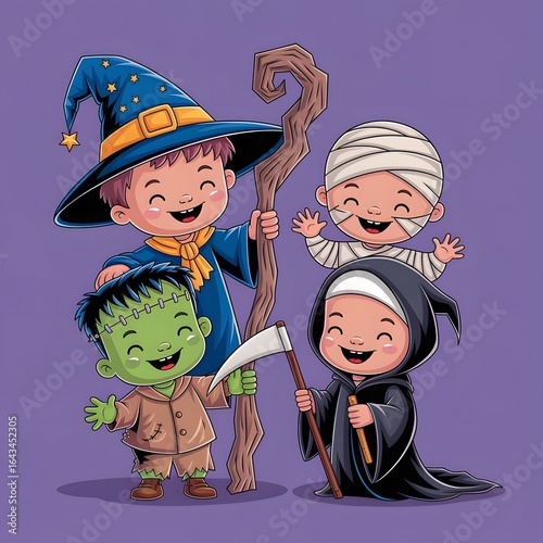 Adorable cartoon children in Halloween costumes as a wizard, mummy, monster, and grim reaper, happily celebrating together.