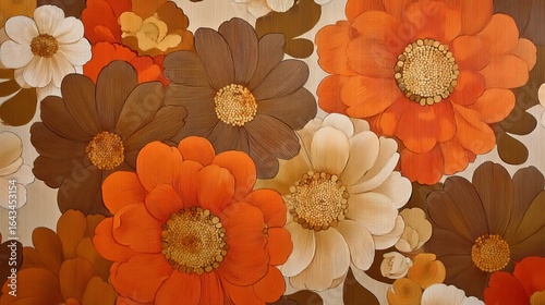 Wallpaper Mural Vibrant floral wallpaper featuring large orange and brown flowers with white accents, creating a warm atmosphere. Torontodigital.ca
