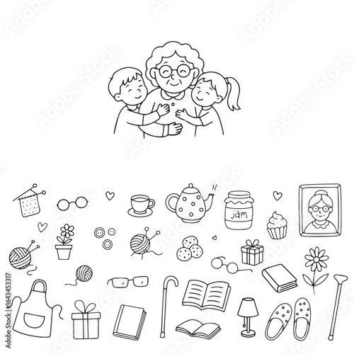 Happy grandson and granddaughter hugging hugging grandmother. Design for postcards for Grandmothers Day. Vector illustration