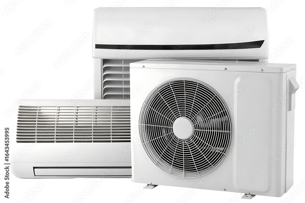 Fototapeta premium White air conditioner units with fans isolated on a transparent background inverter