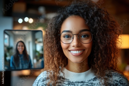 Young Woman Participating in a Virtual Meeting with Professional Attire and Friendly Smile