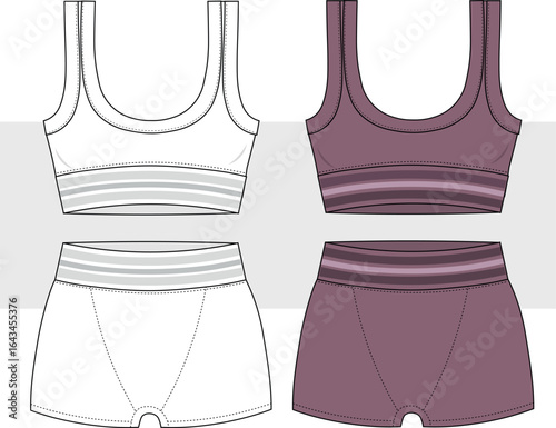 Women Sports Bra and Elastic High Waist Shorts fashion flat sketch, illustration. Sportswear set, vector. CAD, Mockup.