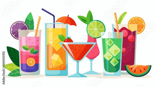 Vector art of assortment of colorful summer cocktails with fruits, ice, and garnishes, perfect for a festive party or relaxation