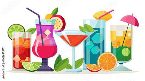 Vector art of collection of assorted tropical cocktails with fruit and ice, presented in elegant glasses with garnishes, isolated on white background