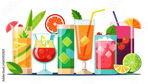 Vector art of assortment of refreshing tropical cocktails garnished with fruit and mint, served in various glasses with ice, isolated on white background