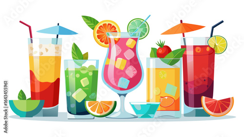 Vector art of assortment of refreshing summer cocktails featuring assorted fruits, garnishes, and decorative elements like umbrellas and straws