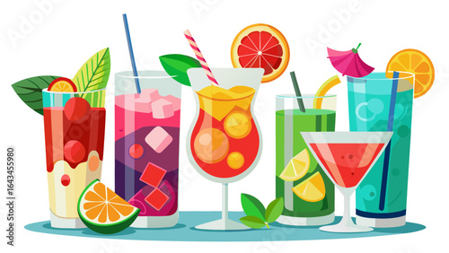 Vector art of collection of delicious summer cocktails with fresh fruit, ice, and garnishes, presented in various glasses with colorful details