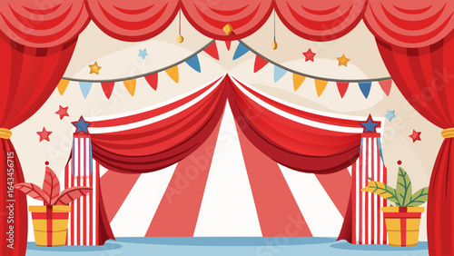 Vector art of vibrant circus tent stage with red and white stripes, draped curtains, festive bunting, and decorative plants, setting the scene for an exciting performance