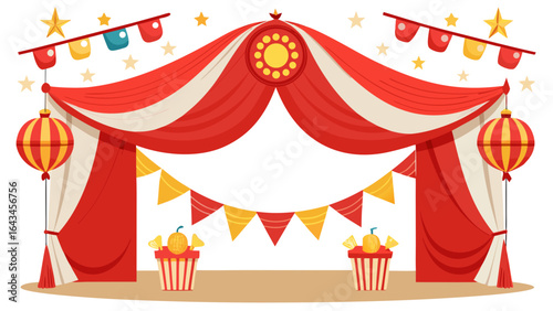 Vector art of an inviting circus tent entrance adorned with festive flags, glowing lanterns, and decorative elements, setting the scene for an unforgettable entertainment experience