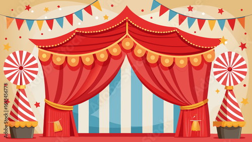 Vector art of a classic circus tent stage featuring red and white striped curtains, festive bunting, and whimsical pinwheels, creating a captivating atmosphere for a grand show
