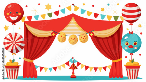 Vector art of a festive circus tent stage with colorful decorations, flags, balloons, and cupcakes, creating a joyful and exciting atmosphere for a performance or celebration