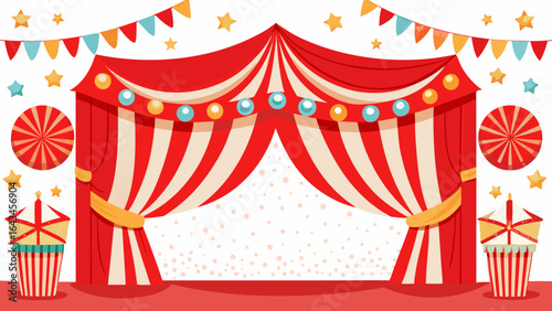 Vector art of circus big top stage with red and white striped curtains, decorated with string lights and festive flags, isolated on white background