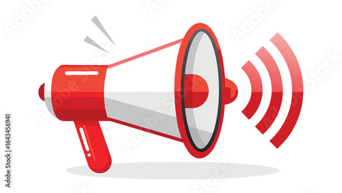 Vector art of red and white megaphone bullhorn making announcement with sound waves, isolated on white background
