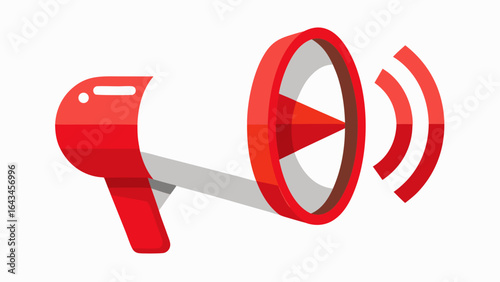 Vector art of red megaphone bullhorn with a play button symbol and sound waves, isolated on white background, signifying broadcasting and media