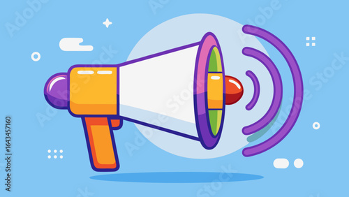 Vector art of a purple and yellow megaphone with sound waves emanating from it against a blue background with abstract shapes, symbolizing communication and announcements