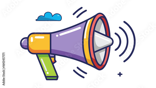 Vector art of a purple and yellow megaphone with sound waves emanating from it, isolated on a white background, symbolizing communication and announcements