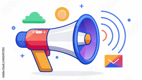 Vector art of a red and blue megaphone with sound waves emanating from it, alongside a cloud and email icon, isolated on a white background, symbolizing communication and announcements