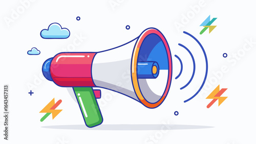 Vector art of a colorful cartoon illustration of a megaphone with sound waves emanating from it, isolated on a white background, symbolizing communication and announcements