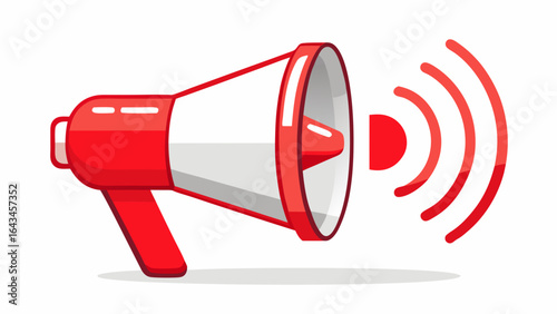 Vector art of a bright red megaphone isolated on a white background, projecting sound waves to signify an important announcement or alert