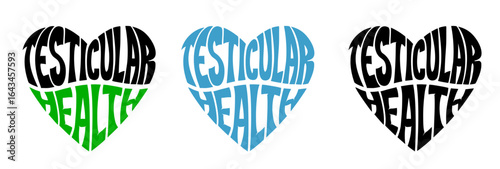 Heart-shaped sticker featuring "TESTICULAR HEALTH" in colorful and black design for men's health prevention and awareness campaigns