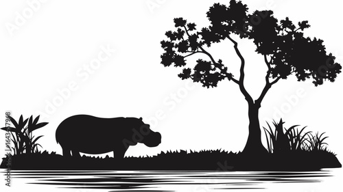Silhouette of a hippo standing near water with vegetation and a tree in a black and white landscape view |  editable eps vectors