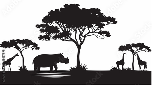 Silhouette of african wildlife scene with trees giraffes and a rhinoceros near a water source at dusk |  editable eps vectors