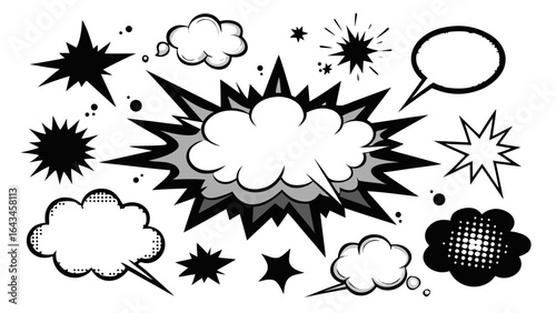 Vector art of assortment of comic book speech bubbles and explosion sound effects with a retro feel, suitable for graphic design and narrative elements
