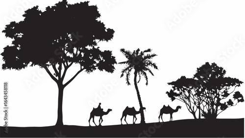 Silhouette of camels walking through a desert landscape with trees and vegetation in the background view |  editable eps vectors