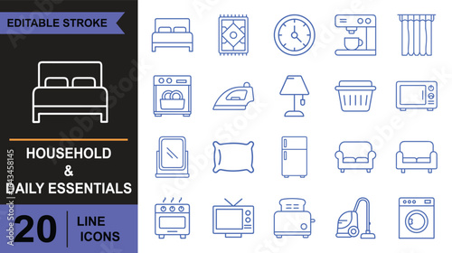 Household and Daily Essentials Editable Line Icons Set Collection of 20 editable stroke line icons featuring common household and daily essential items, perfect for home-related design projects
