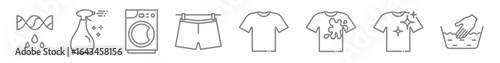 Laundry self service line icons set in minimal thin outline style. Washing machines, detergent, clothing care symbols perfect for laundromat, cleaning, washing, and household themes. Editable Stroke.