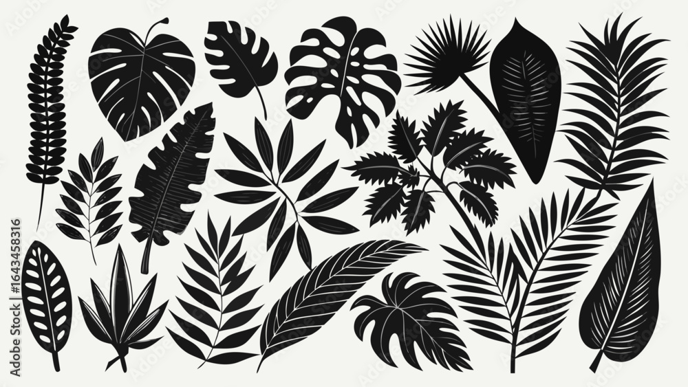 custom made wallpaper toronto digitalVector art of a collection of black tropical plant leaves and ferns, creating a naturalistic pattern on a light background, perfect for botanical and naturethemed designs