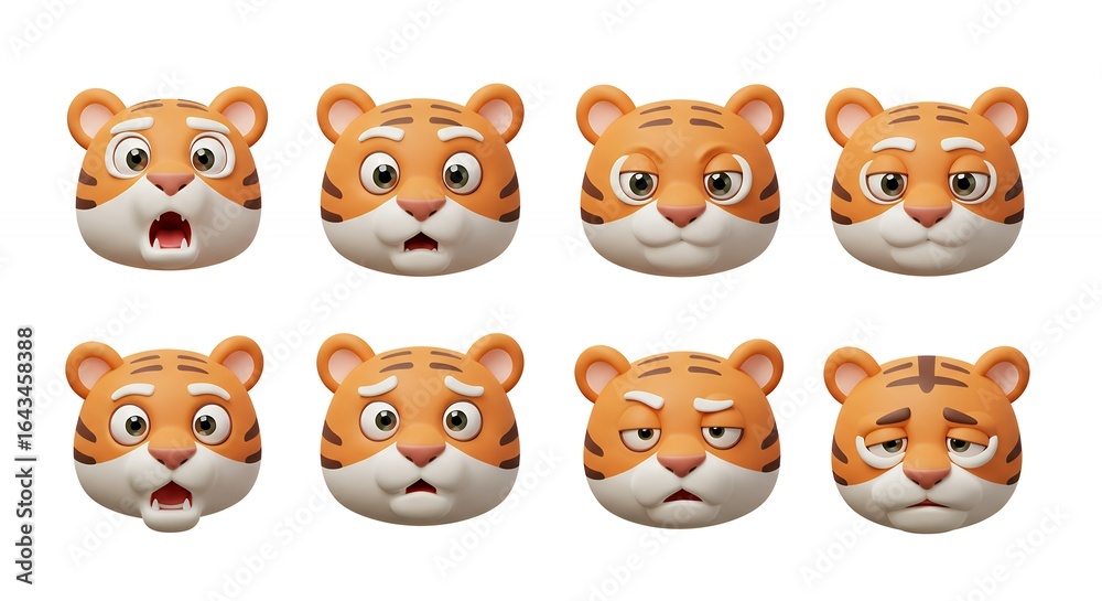 Fototapeta premium Cartoon tiger heads set with different emotions