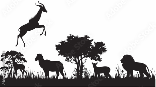 Silhouette of african wildlife featuring a jumping antelope lion zebra and deer in a landscape scene |  editable eps vectors