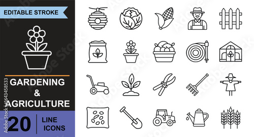Gardening and Agriculture Line Icons Set for Farming and Plant Care Collection of 20 clean line icons depicting gardening tools, plants, crops, and farm elements, perfect for agriculture
