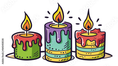 Vector art of three colorful striped candles with dripping wax and glowing flames, isolated on a white background, perfect for celebrations