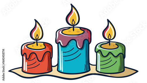 Vector art of three brightly colored candles with dripping wax and flickering flames, presented on a white background, symbolizing joy and festivity
