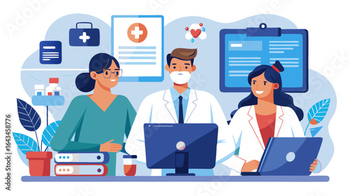 Vector art of medical team of doctors and patient in a clinic setting, discussing health information on computers and laptops, representing healthcare and medical consultation