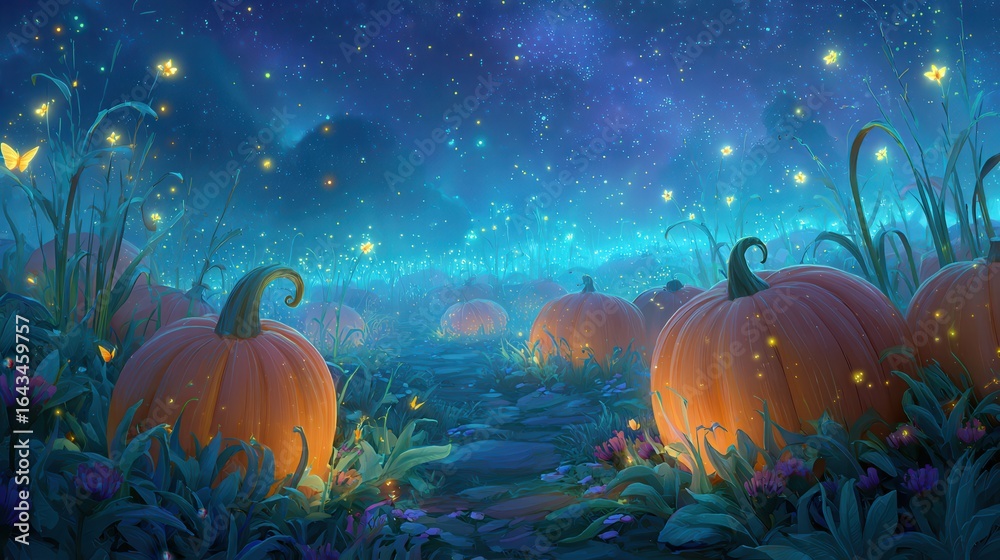 Fototapeta premium Enchanted Pumpkin Field at Night Under a Starlit Sky