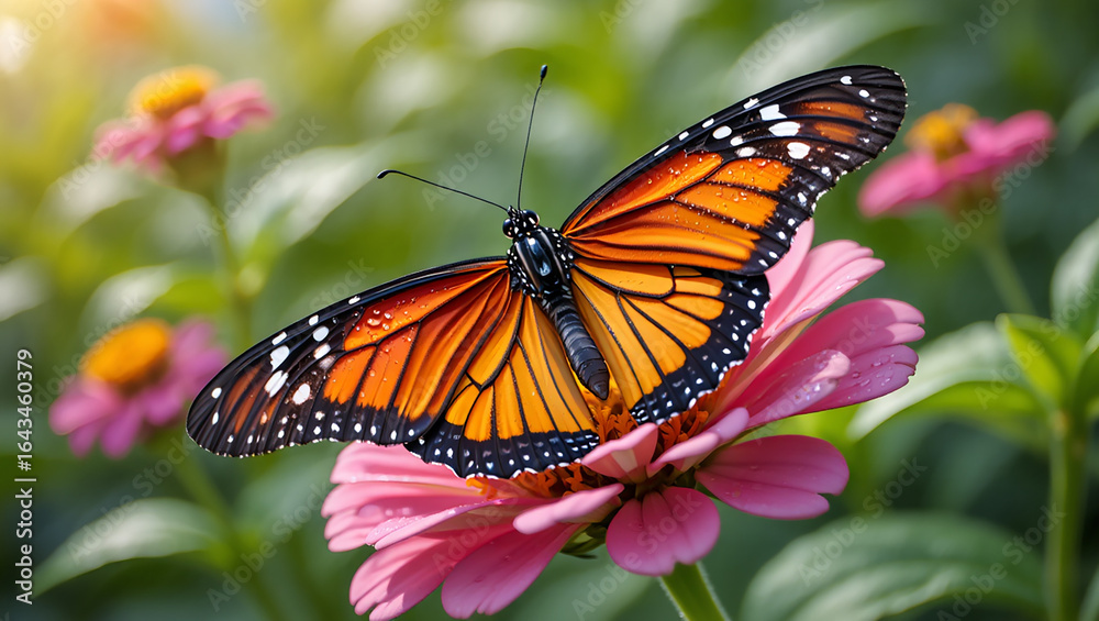 Fototapeta premium Vibrant monarch butterfly resting on a pink zinnia flower in sunlight