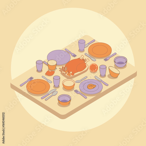 A festive Thanksgiving dinner table setting with roasted chicken, tableware, and assorted sides. A high-angle, isometric view of a prepared dining table with dinnerware.