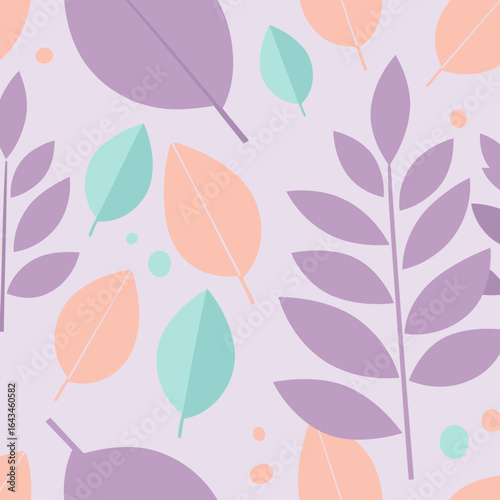 Abstract leaf pattern with pastel colors in a repeating design. Colorful leaves and branches arranged in a seamless pattern on a light purple background.
