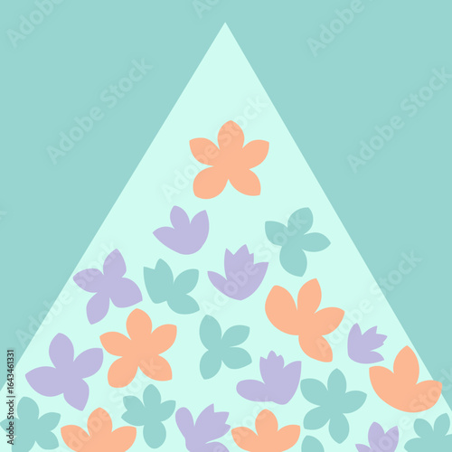 Pastel flower pattern on a light teal background with a triangular composition. Simple flower design for a spring aesthetic.