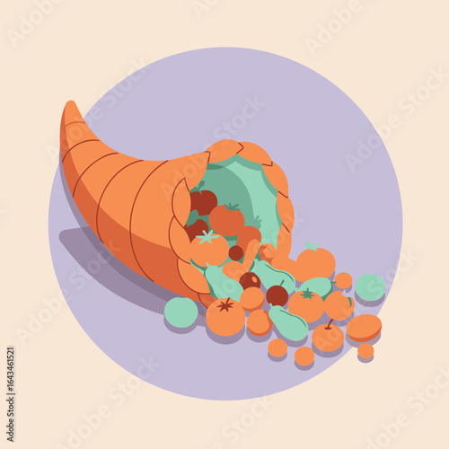 Full cornucopia overflowing with colorful fruits and vegetables in a flat design style. Abundant harvest display with a light purple background.