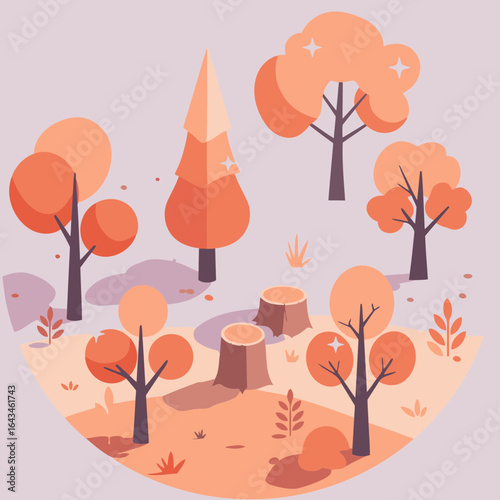 Autumnal forest scene with colorful trees and stumps in a stylized illustration. Simple, flat design of a peaceful woodland landscape.