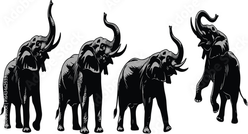 Majestic elephants in black and white, wildlife illustration, nature art, elephant herd, animal behavior, silhouette drawing, safari theme, Adobe Stock