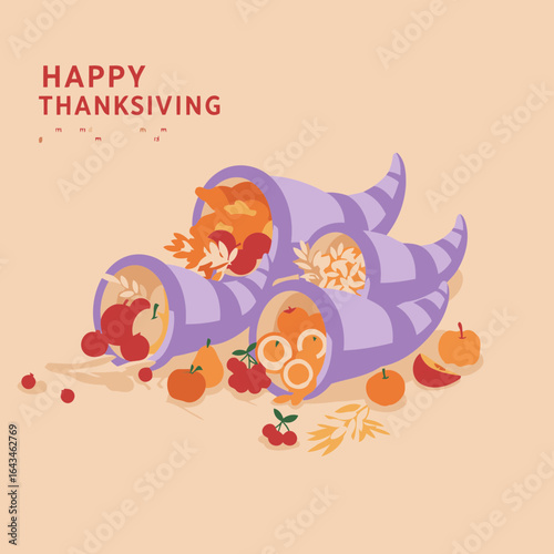 Thanksgiving cornucopia display with autumnal fruits and grains. Colorful cornucopia overflowing with apples, oranges, pears, pumpkins, and other fall produce on a patterned background.