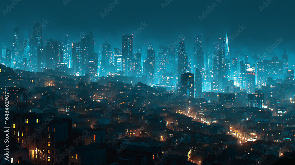 Fototapeta premium A futuristic city at night where outdoor lighting is powered by bioluminescent organisms to save energy.