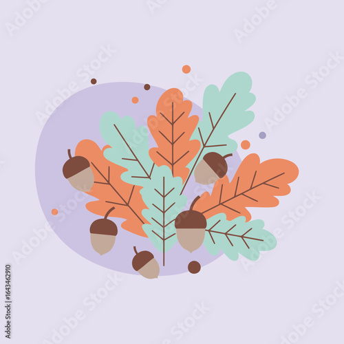 Autumnal acorns and leaves in muted colors with a soft lavender background. A collection of stylized oak leaves and acorns arranged in a cluster, evoking a sense of fall.