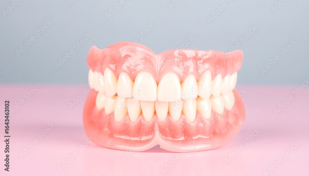 Obraz premium Artificial teeth on a pink and gray background